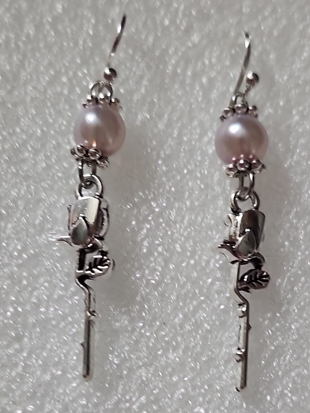 Hand Crafted Silver Rose Drop Earrings with Pale Pink Pearls